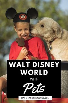 a young boy in mickey mouse ears kissing a dog on the nose with text overlay reading walt world with pets