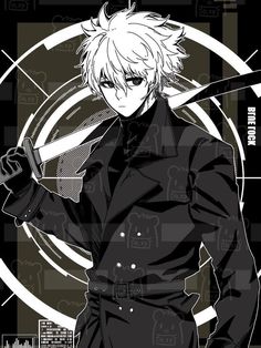 an anime character with white hair and black clothes holding a knife in his hand, while standing