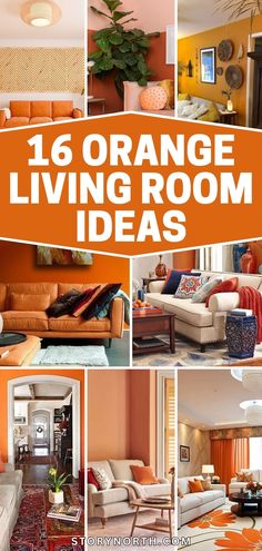 an orange living room with lots of different furniture and decor items in the same photo