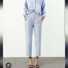 Zara Baby Blue High Rise Darted Cropped Trouser Pants Blue Office Bottoms With Pockets, Blue Business Casual Summer Bottoms, Casual Blue Pants For Office, Casual Blue Pants For The Office, Spring Office Bottoms, Elegant Blue High-waisted Pants, Blue Workwear Pants With Pockets, Blue Trousers For Office, Spring Office Pants