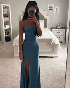 Date Night Dress Ideas, Blue Satin Gown, Houseparty Outfits, Deb Dresses, Gowns For Women, Classy Prom Dresses, Spaghetti Strap Prom Dress, Stunning Prom Dresses, Prom Dress Inspiration