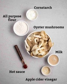 the ingredients for mushroom soup are shown in bowls