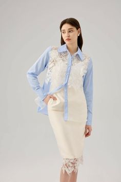 Material: 100% Cotton Lace Button-up Top For Work, Chic Cotton Tops With Lace Sleeves, Casual Lace Blouse With Lace Patchwork, Spring Layering Shirt With Collar, Chic Long Sleeve Lace Top For Layering, Elegant Lace Patchwork Blouse For Daywear, Chic Tops With Lace Cuffs For Daywear, Chic Formal Blouse With Lace Patchwork, Chic Cotton Shirt For Layering