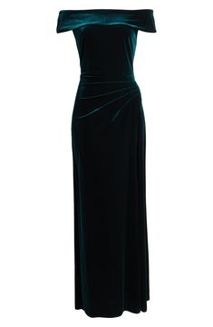 Alex Evenings Off the Shoulder Stretch Velvet Gown | Nordstrom Formal Full Length Ruched Evening Dress, Formal Full-length Ruched Evening Dress, Formal Ruched Full-length Evening Dress, Formal Draped Velvet Dress, Ruched Velvet Evening Dress, Draped Velvet Cocktail Dress, Formal Ruched Velvet Dress, Elegant Ruched Velvet Dress For Formal Occasions, Formal Velvet Ruched Dress