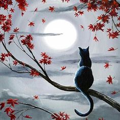 a painting of a cat sitting on a tree branch with the moon in the background