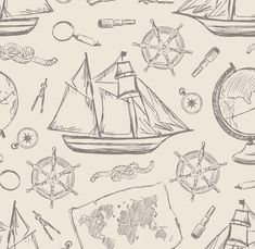 seamless pattern with ships, compasses and other items