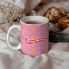 This fun and empowering mug with the text "Be Your Own Sugar Daddy" is perfect for those who love their coffee as much as their independence. 💪☕ Start your day with a dose of motivation and style, and let this mug be your daily reminder that you can achieve anything on your own. A great gift for yourself or that special someone who knows they don't need anyone else to shine! ✨ DETAILS: .: These mugs are made with durable white ceramic so that your prints can stand out. .: Size: 11oz (0.33 l) .: Mugs For Moms, Don't Need Anyone, Funny Mug, Dec 7, Coffee Lover Gifts, Funny Mugs, Motivational Quote, Mug Gift, Who Knows