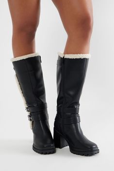 Available In Black And Beige. Knee High Heeled Boots Buckle Detail Sherpa Trim Square Toe Ultra High Block Heel Imported | Colt Buckle Boots in Black size 7.5 by Fashion Nova Lace Up Knee High Boots, Zip Up Boots, Knee Length Boots, High Heeled Boots, High Heel Boots Knee, Sweater Jumpsuit, Black And Beige, Shoe Inspo, Buckle Boots