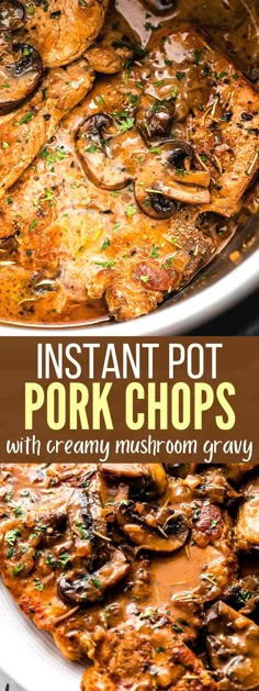 instant pot pork chops with creamy mushrooms and gravy in a skillet