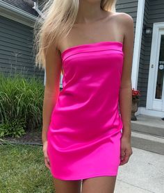 Pink Satin Dress Strapless Silk Mini Dress For Date Night, Evening Satin Strapless Backless Dress, Pink Satin Strapless Dress For Date Night, Satin Strapless Backless Dress For Night Out, Spring Party Backless Dress With Straight Neckline, Backless Satin Strapless Dress For Night Out, Pink Sleeveless Satin Prom Dress, Pink Sleeveless Satin Dress For Prom, Strapless Satin Party Dress