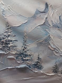 an abstract painting of snow covered mountains and trees