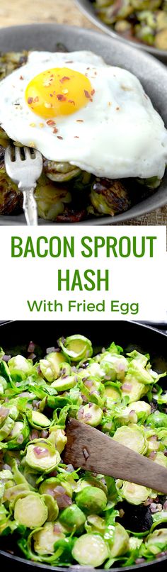 bacon sprout hash with fried egg in skillet