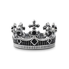 Jeulia "Be My Queen" Black Crown Sterling Silver Women's Band - Jeulia Jewelry Wedding Bands For Couples, Stone Crown, Delicate Wedding Ring, Royal Rings, Ring Crown, Crown Silver, Mens Earrings Hoop, Queen Black, Signet Ring Men