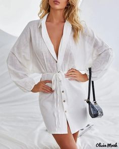 Olivia Mark - Ruched Long Sleeve Tie Front Button Shirt Dress Fall Beach Shirt Dress With Buttons, Summer Shirt Dress With Long Sleeves And Buttons, Solid Button-up Shirt Dress For Vacation, Long Sleeve Buttoned Shirt Dress For Beach, Solid Color Beach Shirt Dress With Button Closure, Beach Shirt Dress With Button Closure, Long Sleeve Shirt Dress With Button Closure For Beach, Solid Color Collared Shirt Dress For Beach, Collared Solid Shirt Dress For The Beach