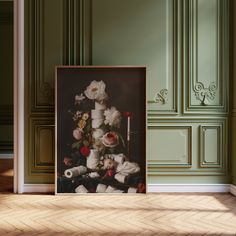 a painting on the wall with flowers and candles