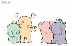 three cartoon elephants sitting next to each other