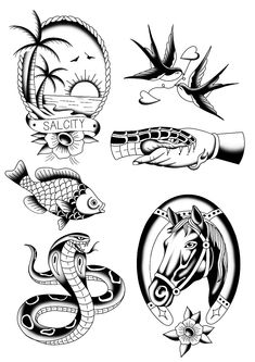 some tattoos that are in the shape of horses and birds, with different designs on them