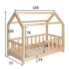 a wooden bed frame with measurements for the top and bottom bunk, which are not shown