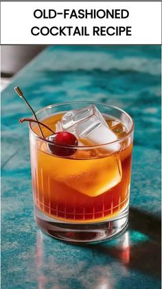 an old fashioned cocktail in a glass with ice and cherries