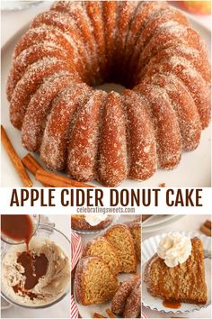 an apple cider donut cake is shown with cinnamon sugar and icing on top