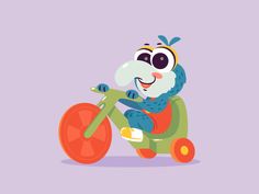 an animal riding on the back of a green bike with a helmet and scarf around it's neck