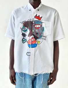 Locally made by artisans, the umunne shirt is emblazoned in a motif of my younger siblings rendered in the neo-expressionist art style. The vibrant colors capture the romance of summer and evoke a sweet sense of nostalgia. Cut from lightweight Linen to have a loose fit and boxy silhouette, The band collared shirt has a Designer Tshirts Fashion, White Linen Shirt Men, Paint Shirt, Banded Collar Shirts, Printed Shirts Men, White Linen Shirt, Concept Clothing, Expressionist Art, Linen Shirt Men