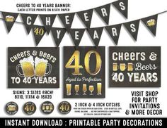 an advertisement for cheers and beers 40 years birthday party decoration kit with black and gold decorations