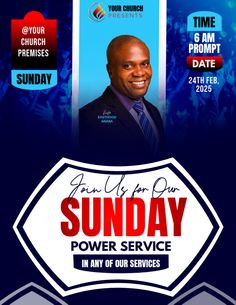 the sunday power service flyer with an image of a man in a suit and tie