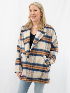 oversized plaid jacket on model Plaid Wool Outerwear For Cold Weather, Oversized Winter Shacket For Cold Weather, Plaid Wool Outerwear For Winter, Trendy Plaid Outerwear For Cold Weather, Winter Plaid Wool Outerwear, Oversized Plaid Outerwear For Winter, Winter Wool Plaid Outerwear, Oversized Wool Sweater Coat For Fall, Cozy Fall Shacket For Cold Weather