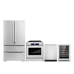 the kitchen appliances are all white and silver