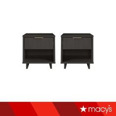 two black nightstands sitting next to each other on a red and white striped background