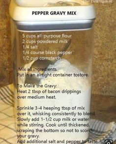 ingredients for pepper gravy mix in a blender on a towel with text