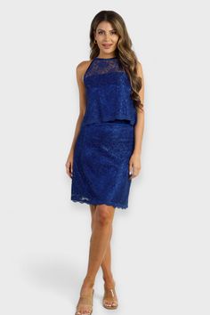 Royal Blue Lace Halter Top & Skirt Two-Piece Set by Sara Sabella Italian Women's Clothing Halter Top And Skirt, Blue Halter Top, Lace Halter Top, Royal Blue Lace, Top Skirt Set, Lined Skirt, Halter Style, Blue Satin, Lace Back