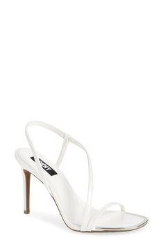 A diagonal strap sweeps across a barely-there sandal set on a towering stiletto heel. 4" heel (size 8.5) Synthetic upper, lining and sole Imported White Sandals Heels, Sandal Heels, Stiletto Sandals, Sandal Women, Curator Style, Stiletto Heel, Sling Backs, Shoes And Accessories, Stiletto Heels