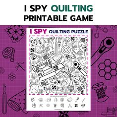 the i spy quilting printable game is shown on a purple background with black and white images