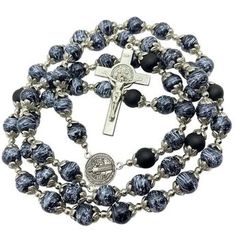 Black Glass Agate Beads Rosary Necklace Medal Cross - Nazareth Store Black Agate Gemstone Beads, Black Agate Beads With Natural Stones, Black Agate Beads As A Gift, Black Agate Jewelry With Black Beads, Black Spiritual Beaded Jewelry, Black Beaded Agate Jewelry, Black Agate Round Bead Necklaces, Black Agate Bead Necklace, Black Agate Bead Necklaces