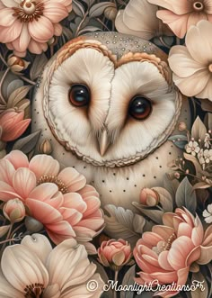 an owl is surrounded by flowers and leaves