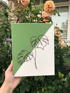 a hand holding up a green and white box with flowers in it