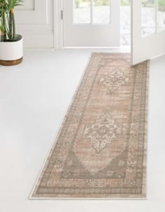 an area rug is on the floor in front of a door with potted plants