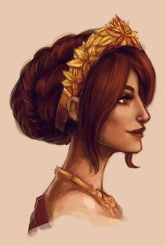 a drawing of a woman with red hair wearing a gold headdress and necklace