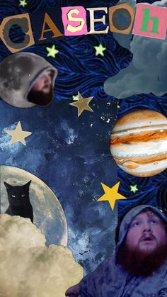 a collage of photos with cats and planets in the background, including a man's face