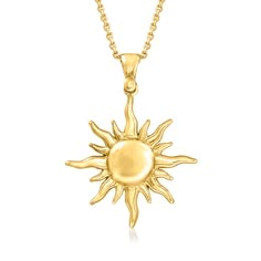 Ross-Simons - Italian 18kt Gold Over Sterling Sun Pendant Necklace. 18". Shine under your very own Tuscan sun! Direct from Italy, this 18kt yellow gold over sterling silver sun pendant necklace is a stylish symbol of energy, positivity and power. Suspends from a cable chain with a 2" extender. Lobster clasp, 18kt gold over sterling sun pendant necklace. Sun Pendant Necklace, Gold Sun Jewelry, Gold Jewelry Aesthetic Necklaces, Sunburst Jewelry, Sun Pendant Gold, Sun Accessories, Gold Sun Necklace, Italian Gold Jewelry, Sun Jewelry