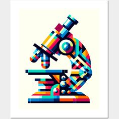 a poster with an image of a microscope and some colorful shapes on it's surface