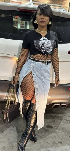 Fishnet Casual Outfit, Brown Tan Boots Outfits, Faux Leather Leggings And Cardigan Outfit, Megan Thee Stallion Outfit Ideas, Festival Outfits For Black Women, Boosie Concert Outfit, Casual Outfits 60 Degrees, How To Dress For Concert Outfits, Cute Date Night Outfits Black Women Plus Size