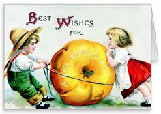 an old fashioned postcard features two children pulling a giant donut with a rope