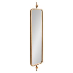 a mirror hanging from the side of a wooden frame with beads on it's end