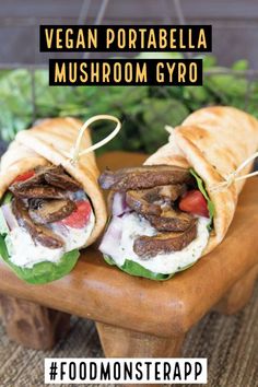 vegan potatabella mushroom gyro on a wooden table with text overlay