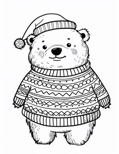 a black and white drawing of a teddy bear wearing a hat, sweater and mittens