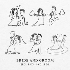 the bride and groom cartoon is drawn in black ink on white paper, with an image of