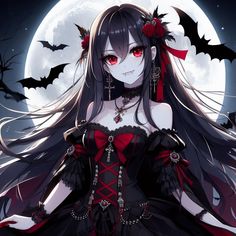 a woman with long black hair and red eyes standing in front of a full moon